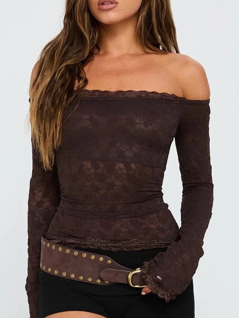 Princess Polly Mochapella off the shoulder top brown